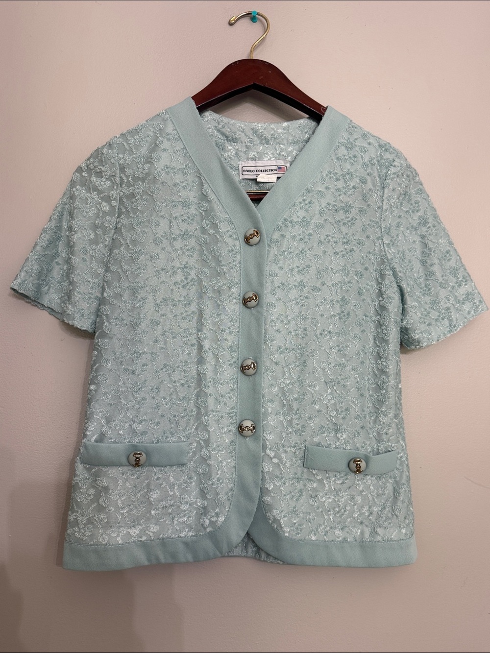 Vintage Mint Lace Short Sleeve Button-Down Top